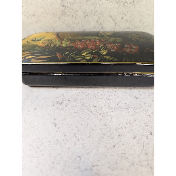 Hand-Painted Russian Lacquer Box – Peacock Scene – Long Trinket Box Red Interior - Picture 5 of 9